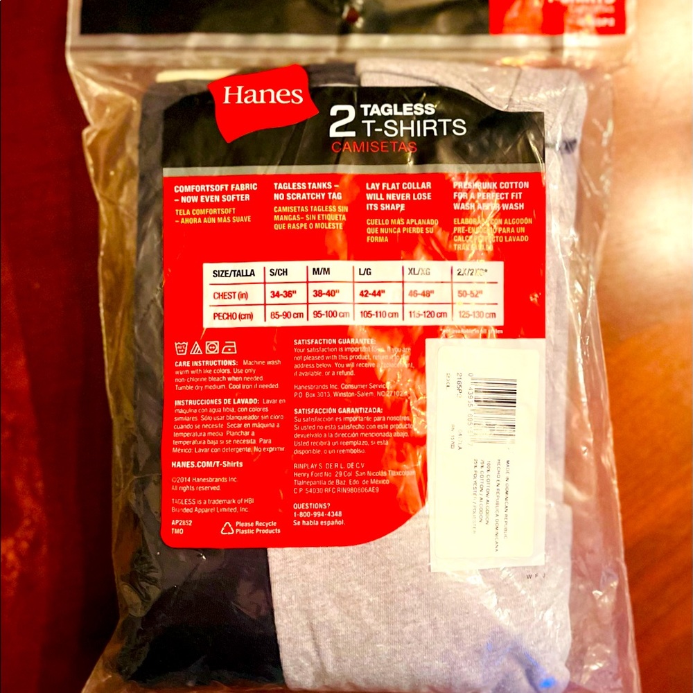 Hanes Tee Shirt Men’s 2 pack/XXL Tag-less
